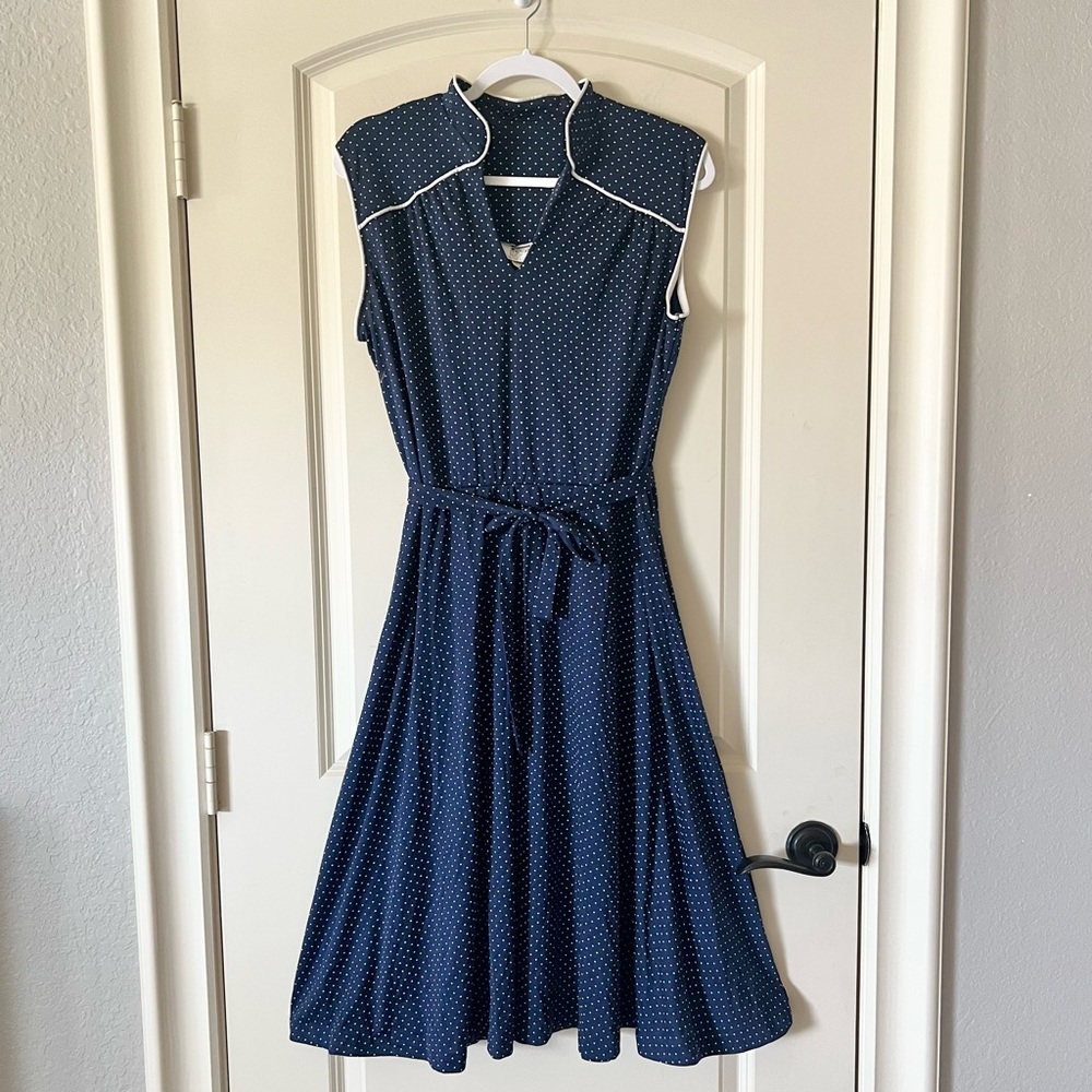 Vtg 70s Montgomery Ward Navy Polka Dot Midi Dress Size L Rockabilly Coquette